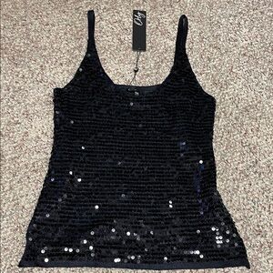 Orly navy Sequin knit side slit Women's tank Top- new with tags